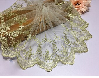 1930's アンティーク　ウェディングベール 刺繍 スカラップ縁取り ヴィンテージ ゴールデン レース トリム、刺繍レース エッジ