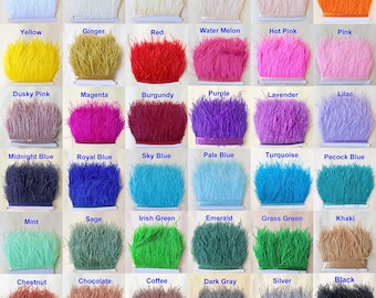 May include: A grid of thirty rectangular swatches of ostrich feather trim, each labeled with its color name including white, ivory, cream, nude, champagne, orange, yellow, ginger, red, watermelon, hot pink, pink, dusky pink, magenta, burgundy, purple, lavender, lilac, midnight blue, royal blue, sky blue, pale blue, turquoise, peacock blue, mint, sage, irish green, emerald, grass green, khaki, chestnut, chocolate, coffee, dark gray, silver, and black.