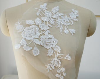 Ivory Tulip Sequin Lace Applique, Floral Bridal Bodice Patch, Beaded Flower Embroidery for Wedding Dress, Veil, DIY Gown Decor Sold by Piece