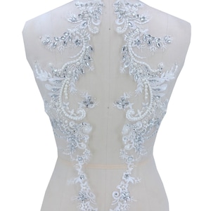 Stunning Crystal Flower Lace Applique Embroideried Pearl Lace Patch Rhinestone Motif for Wedding Dress,Prom Dresses 1 Piece