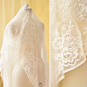 Soft Bridal Tulle Embroidery Rose Flower Lace Fabric Wedding Lace Fabric 59 inches Wide for Bridal Veil Dress Overlay Sold by 0.5 Meter