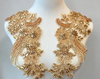 Heavy Beaded Lace Applique Pair Rhinestone Floral Motif Trim for Wedding Dress Couture Bodice Patch Prom Gown Shoulder Embellishment