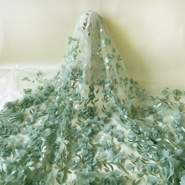 Green 3D Flower Embroidery Blossom lace fabric 59 inches Width Stunning Lace Fabric Vines Wedding Lace for Bridal Dresses Evening Gown