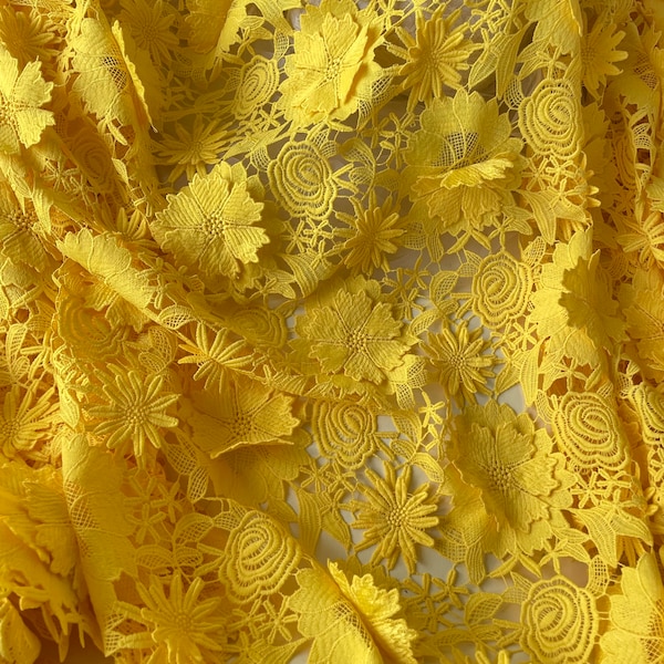 Yellow 3D Guipure Soft Lace Fabric Blossom Flowers Guipure Embossed Lace Fabric for Prom Dress, Bodices, Craft Making, Sold by 0.5 Yard