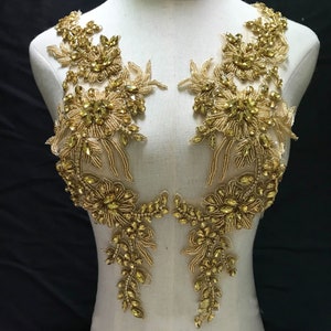 Heavily Gold Rhinestone Applique Golden Crystal Beaded Patches Sparkling Accents for Party Costumes Prom Gown