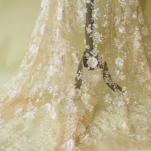 Champagne Blooming Flower Lace Delicate Embroider Floral Lace Fabric Mesh for Party Dress Wedding Gown Train 51 inches Width Sold by 1 yard