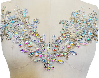 Bling Sequins Neckline Trims Beaded Rhinestone Bodice Applique V-Neck Applique with Rhinestone Details for Dance Dress Party Costumes Decor