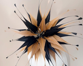 Black and Gold Feather Fascinator, Derby Hat Flower Headpiece for Women, Royal Ascot Hair Accessory, Elegant Cocktail Tea Party Headband