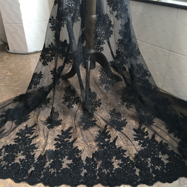 Vintage Black Lace Fabric Corded Both Scalloped Edge Fabric Embroidery Floral lace Mesh for Party Long Dress, Evening Gown Sold by 1 yard