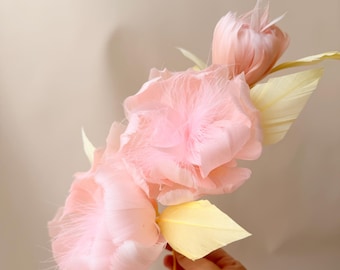 Handmade Blush Pink Feather Flower Stem, Fluffy Peony Rose Floral Pick for Bridal Bouquet, Boho Wedding Centerpiece Romantic Home Vase Decor