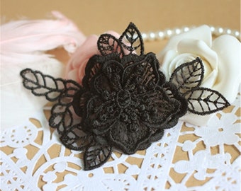 Lace Applique,Floral Lace Applique Embroidery,3D Black Lace Applique, Wedding Accessory DIY, Black Lace Trim, 2pcs