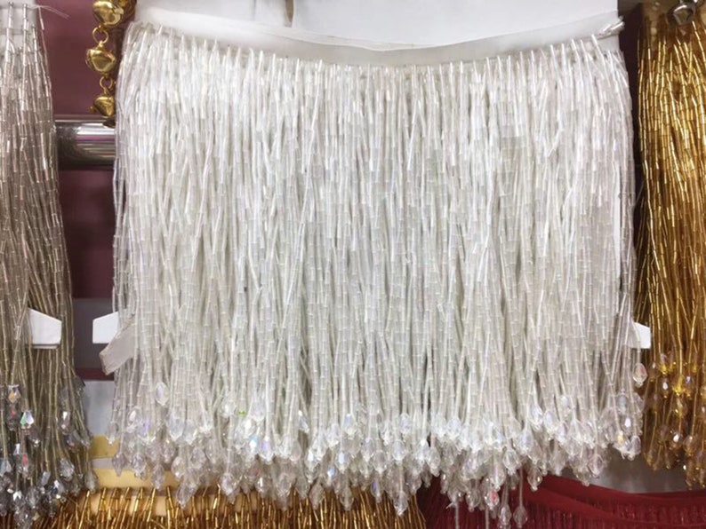 Dangling Fringe trim,Beaded Fringe Trim,Heavy Bead Trimming for Dance Costumes ,Party Dress Sold by 1 yard White