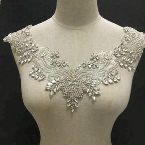 Bling V Collar Clear Rhinestone applique,Sparkling Crystal Appliques Trims,Embroidery Crystal Patch for Wedding Dress,Evening Gown 1 Piece