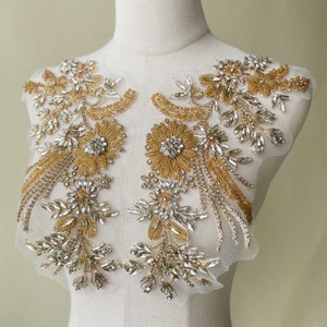 Champagne Gold Rhinestone Lace Applique for Evening Gown Crystal Rhinestone Bodice Embellished for Formal Dress Decor 1 Pair