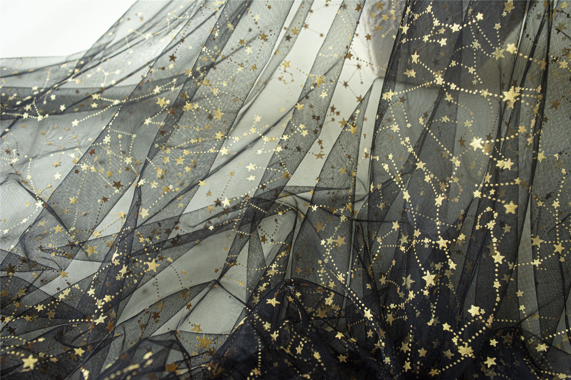 Glitter Gold Stars Print Tulle lace fabric Soft Mesh Constellation Lace Fabric Soft Tulle Fabric for Craft Projects Dress Train Sold By Yard