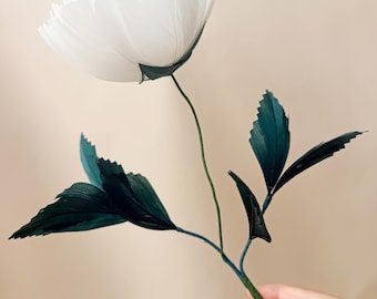 Handmade White Feather Peony Stem, Artificial Flower with Pearl Stamen, Giant Bridal Bouquet, Boho Wedding Decor Chic Minimalist Centerpiece