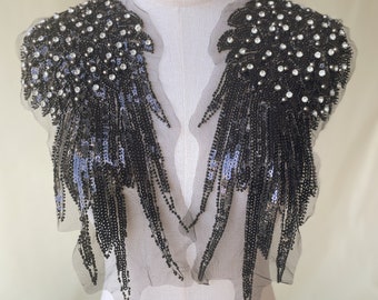 Mirror Pair Black Beaded Sequins Wings Applique Lace Trim Rhinestone Statement Shoulder Patch Lace Patch for Dress Craft Object