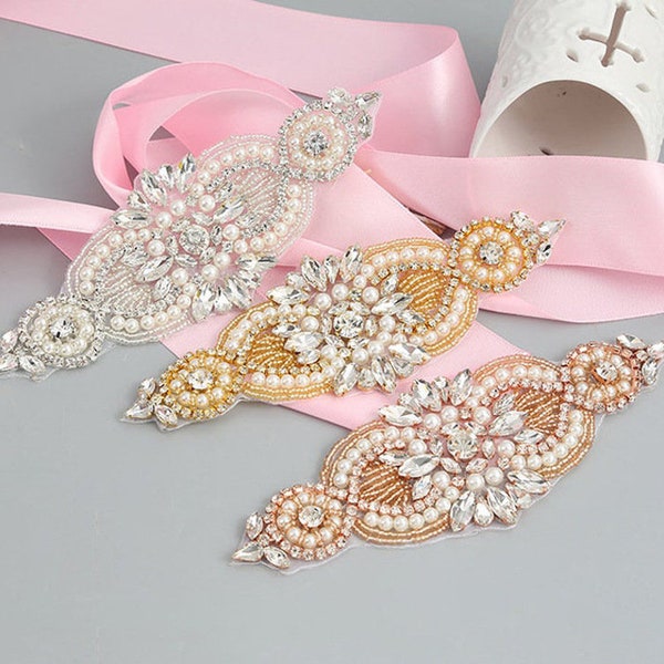Rhinestone Garter Applique With Beaded Hot Fixed Crystal Pearl Patch for Wedding Application Dress Belt Head band making 1 Piece