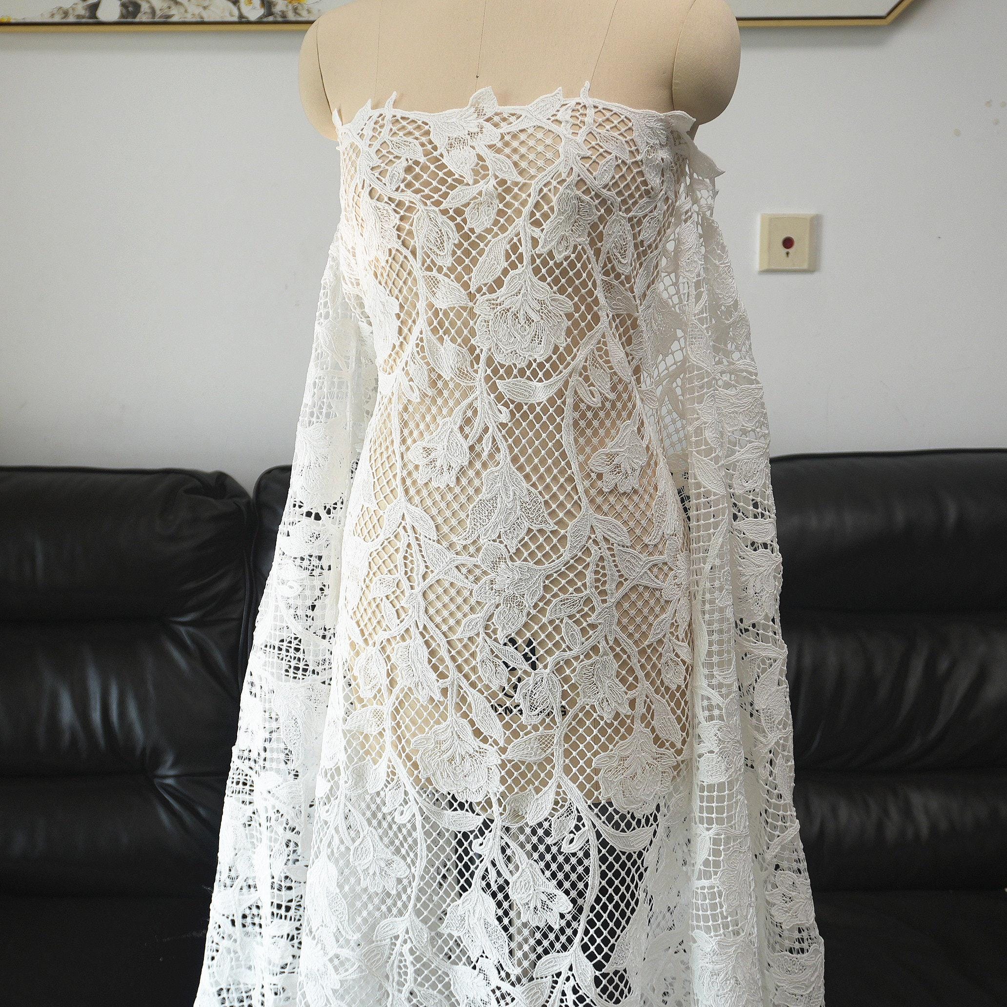 French Floral Embroidery Lace Fabric, White Corded Mesh Lace by the French Floral Embroidery Lace Fabric, White Corded Mesh Lace by the