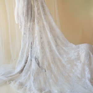 Off White Lace Fabric Corded Rose Flower Embroidery Beaded Fabric Embroidery Floral lace Mesh for Party Long Dress, Evening Gown By 1 yard