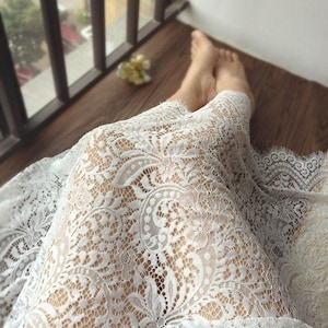 Off White Vintage Scalloped Bridal Lace Fabric 59&quot; Wide Tassel French Fabric eyelash mesh lace trim for Bridal Dress Wedding Veiling  1 Yard