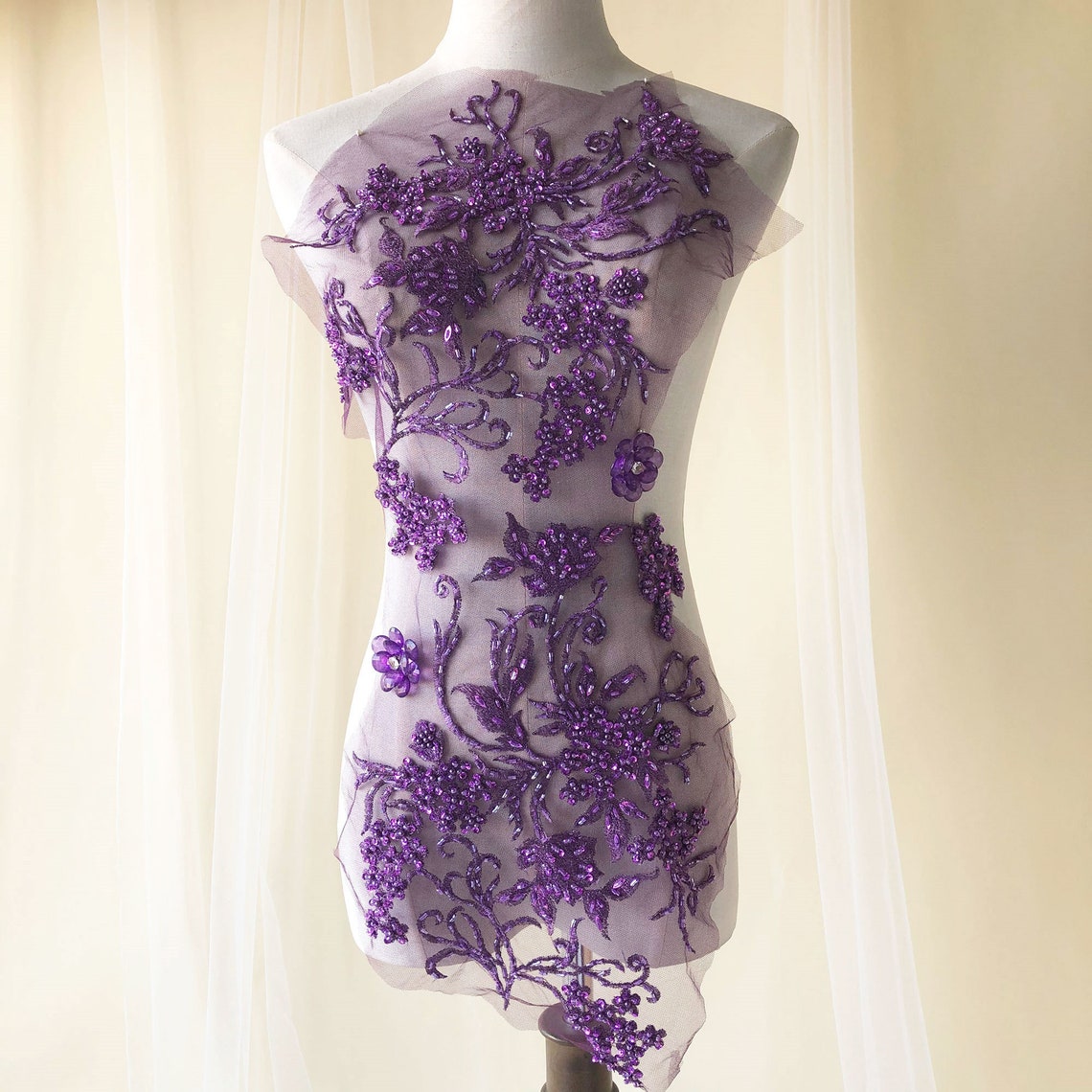 Purple Beaded Flower Appliques Rhinestones Embroidery Lace Etsy