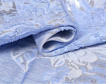53" Width Pale Blue High- End Embroidery Jacquard Dress Fabric Fashion Flora Brocade Apparel Fabric for Haute Couture Costume Dress Design