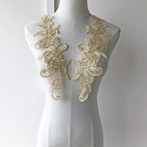 Corded Gold Lace Applique Golden Fringe Flower Sewing Lace Patches for Vintage Wedding Dresses Lyrical Dance Costumes 1 Pair