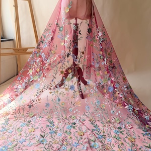 Off White Tulle Vine Embroidered Floral Alice Lace Fabric Flower Embroidered Fabric Dress Bridal Veil Shift Dress Lace 51 inches Burgundy