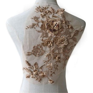 Champagne Rhinestone Beading Lace Applique 3D Blossom Sequined Flower Patches Embroidery Appliques Motif Sewing Hems For Bridal Evening Gown