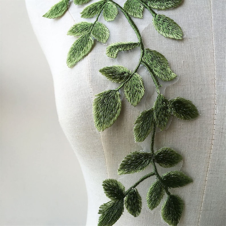 Zielona aplikacja do szycia liście leśne koronkowe wykończenia z motywem haftu winorośli dekoracyjne naszywki na projekty rzemieślnicze liryczna suknia 1 para zdjęcie 3