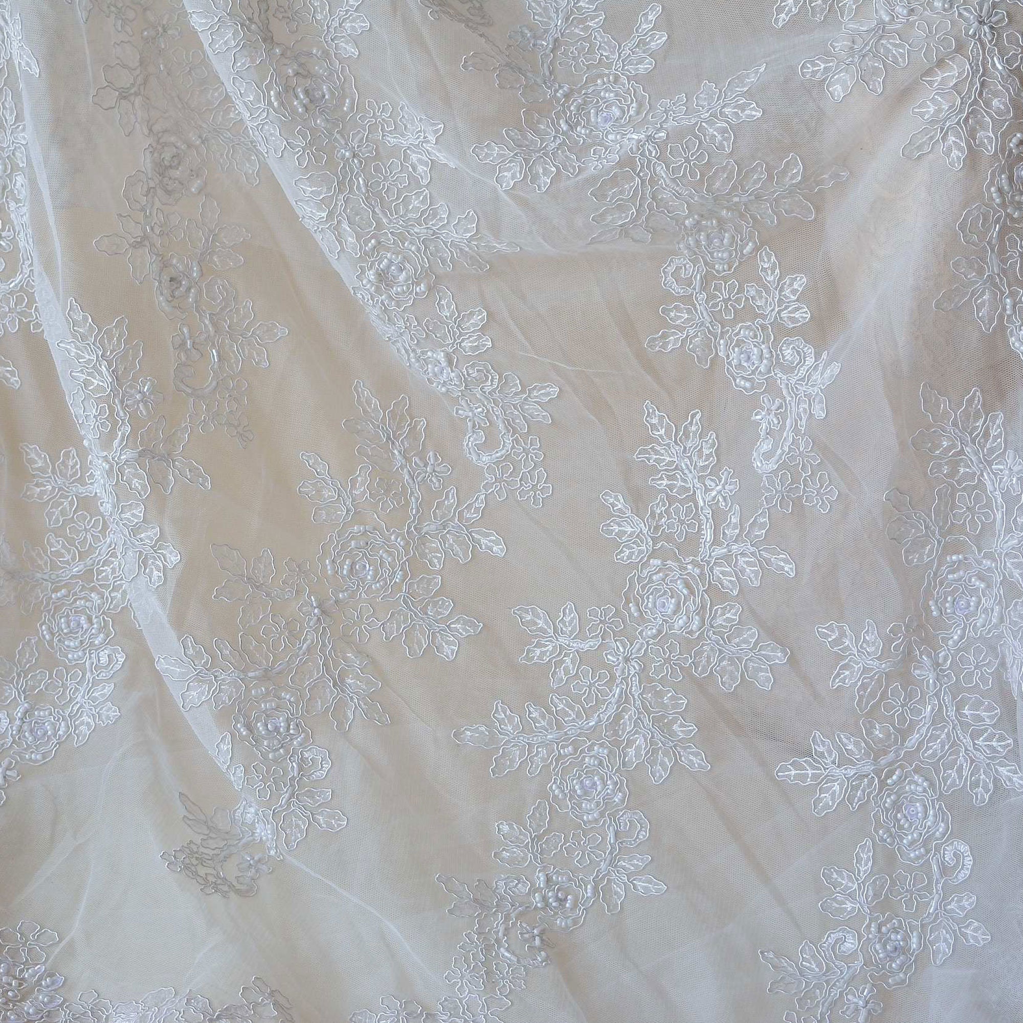 Off White Lace Fabric Corded Rose Flower Embroidery Beaded - Etsy