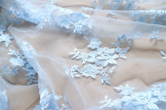 Blue Chiffon Mesh Lace Fabric Trim With 12 Large Flower Appliques - 1 Yard (0.92m) By Attika Fashion-802157