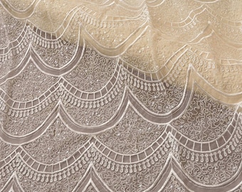 Off-White Boho Lace Fabric Beaded Embroidery Lace Mesh Tulle for Wedding Dress,Formal Dresses,Fancy Gown 53 inches Width By The Yard