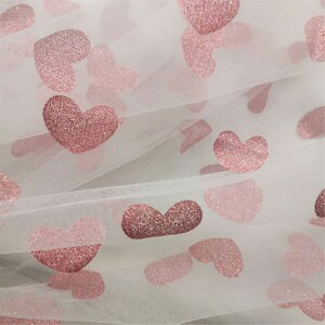 Glitter Pink Heart Tulle lace fabric Soft Mesh Constellation Lace Fabric Soft Tulle Fabric for Craft Projects Dress Train Sold By Yard White mesh-Pink heat