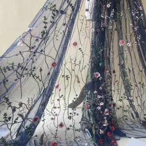 Navy Tulle Embroidered Floral Alice Lace Fabric Flower Embroidered  Fabric Dress Bridal Veil Shift Dress Lace 58 inches Sold by 0.5 yard