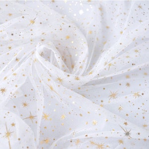 Gold Glitter Irregular Star Embroidery Organza Lace Star Soft Tulle Fabric for Craft Projects Dress Train 59 inches Width by 1 yard