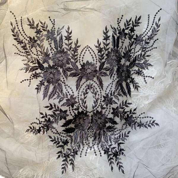 Bodice Lace Applique Black Floral Embroidery Lace Motif Wedding Accessory Floral Lace Patch Embroidery Flower Applique