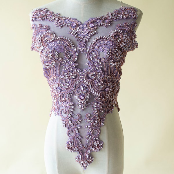 Purple Wedding Dress Bodice Clear Rhinestone Applique Crystal Patches Broderie Perles Appliques couture pour robe de mariée Corsage du soir