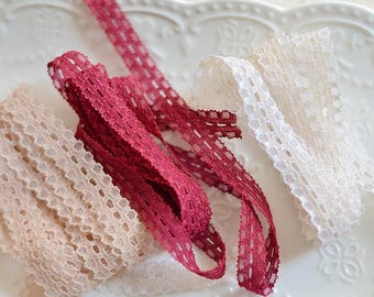 5Y Vintage Lace Trim 1cm | Cotton Lace Ribbon 3/8" Wid | Hollow Crochet Lace for Sewing Craft | Ivory Beige Wine Red Lace Ribbon for Journal