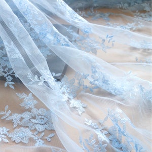 Blue Flower Lace Fabric Embroidery Floral Lace Mesh Fabric for DIY Wedding Bridal Dress Formal Party Gown Overlay Sold By Yard