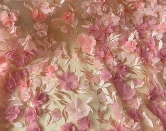 Peach 59 inches Width 3D Flower Embroidery Stunning Blossom Lace Fabric Vines Wedding Lace for Bridal Dresses Evening Gown Sold by 1 yard