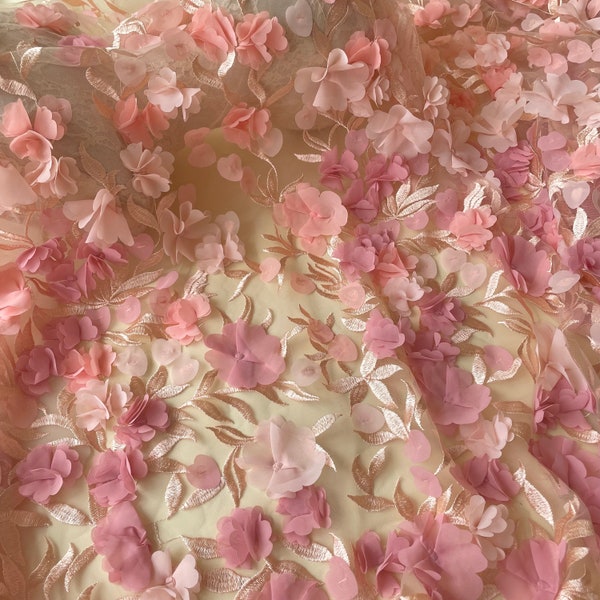 Peach 59 inches Width 3D Flower Embroidery Stunning Blossom Lace Fabric Vines Wedding Lace for Bridal Dresses Evening Gown Sold by 1 yard