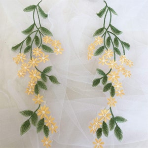 Green Sewing Applique Forest Leaves Lace Motif Trims Embroidery Vine Decorative Patches For Craft Projects Lyrical Gown 1 Pair Yellow