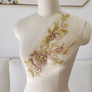 Gold Lace Applique Sequins Lace Motif Embroidery with 3D Flower Lace Patch Appliques for Evening Gown Dress Dance Costume 1 Pc