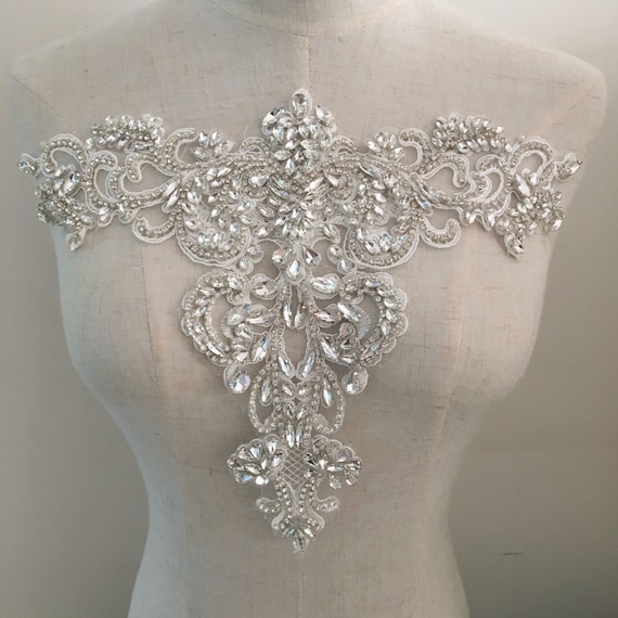 Sparkle Bridal Dress Neckline Applique Embroidery Crystal Trims