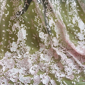 Off-White Sequined Embroidery Flower Lace Bridal Lace Fabric Tulle Gauze 55 inches Wide for Bridal Wedding Dress Bride Gown By 0.5 Meter