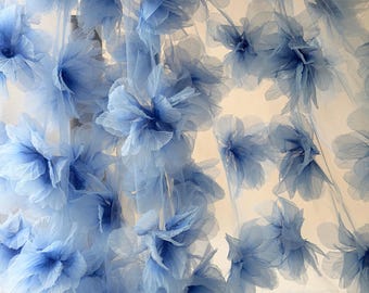 3D Blue Tulle Fabric with Ombre Flowers, Floral Lace Fabric by Yard for Prom Dress, Wedding Gown, Quinceanera, Baby Shower, DIY Sewing