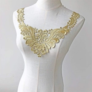 Golden Lace Applique Guipure Lace Motif, Vintage Embroider Floral Collar Sewing Patch Accent for Bridal Gown Dance Costumes