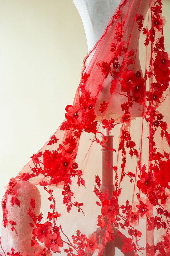 Red 3D Rose Lace Fabric Rosette Embroidery Blossom Embroidery
